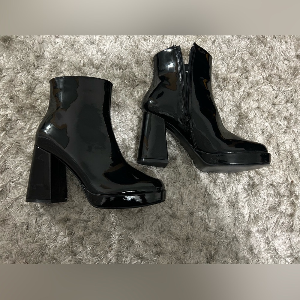Patent block heel black ankle boots